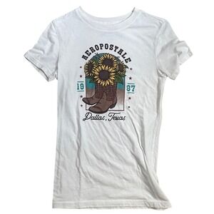 Aeropostale White Sunflower Boot Graphic Tee | Cute Casual T‑Shirt | XS